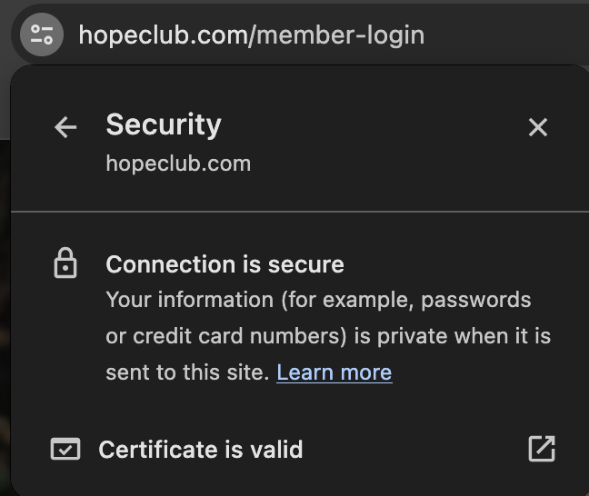 The Hope Club valid security certificate - Security flaw and underdress