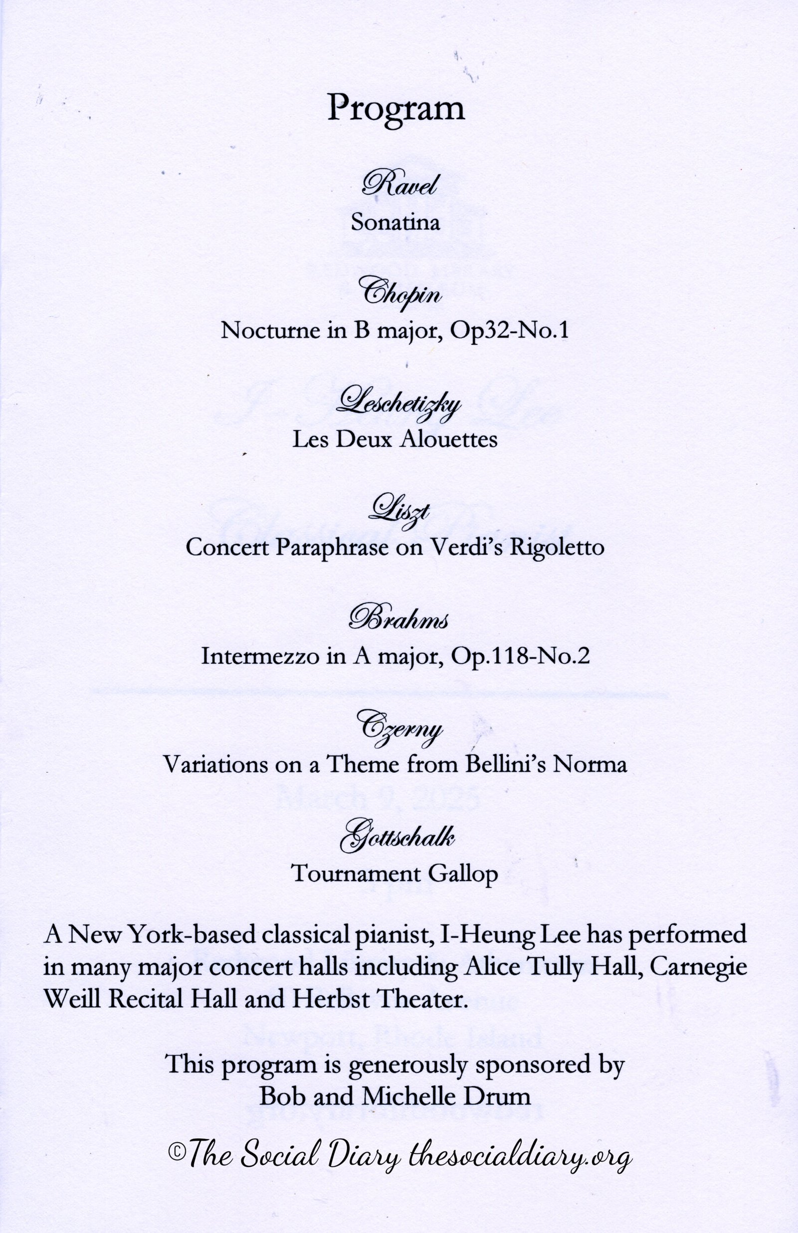 I Heung Lee Classical Pianist Redwood 030925 Programme - The Social Diary